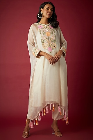Ivory Silk Organza Dori & Resham Embroidered Kaftan Set by Nabo