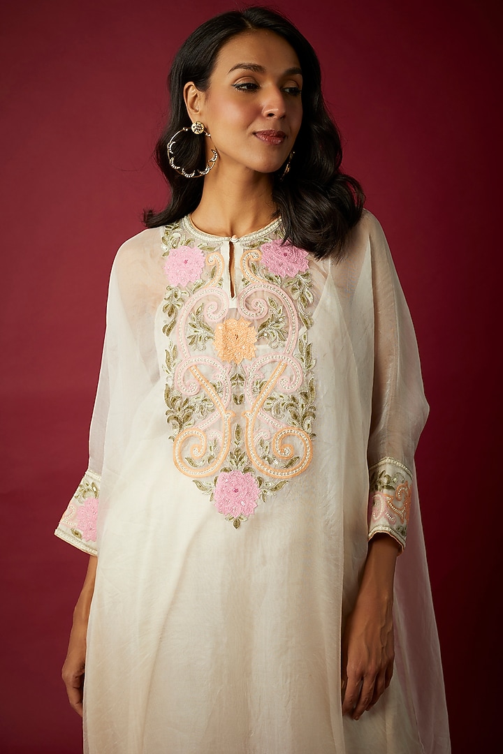 Ivory Silk Organza Dori & Resham Embroidered Kaftan Set by Nabo at Pernia's Pop Up Shop
