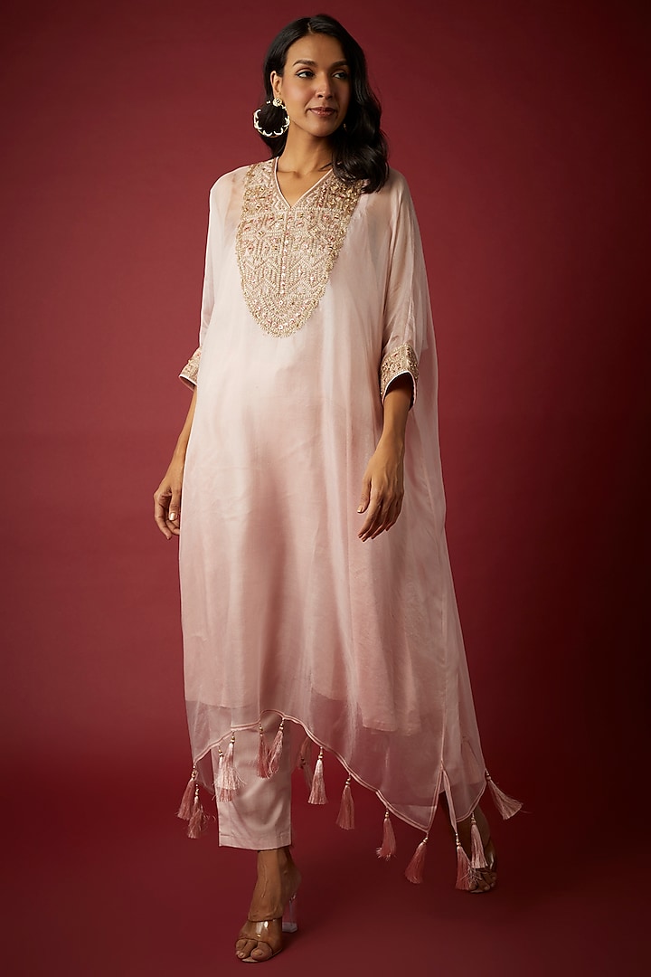 Blush Pink Silk Organza Dori & Resham Embroidered Kaftan Set by Nabo
