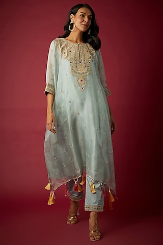 Powder Blue Silk Organza Dori & Resham Embroidered Kaftan Set by Nabo