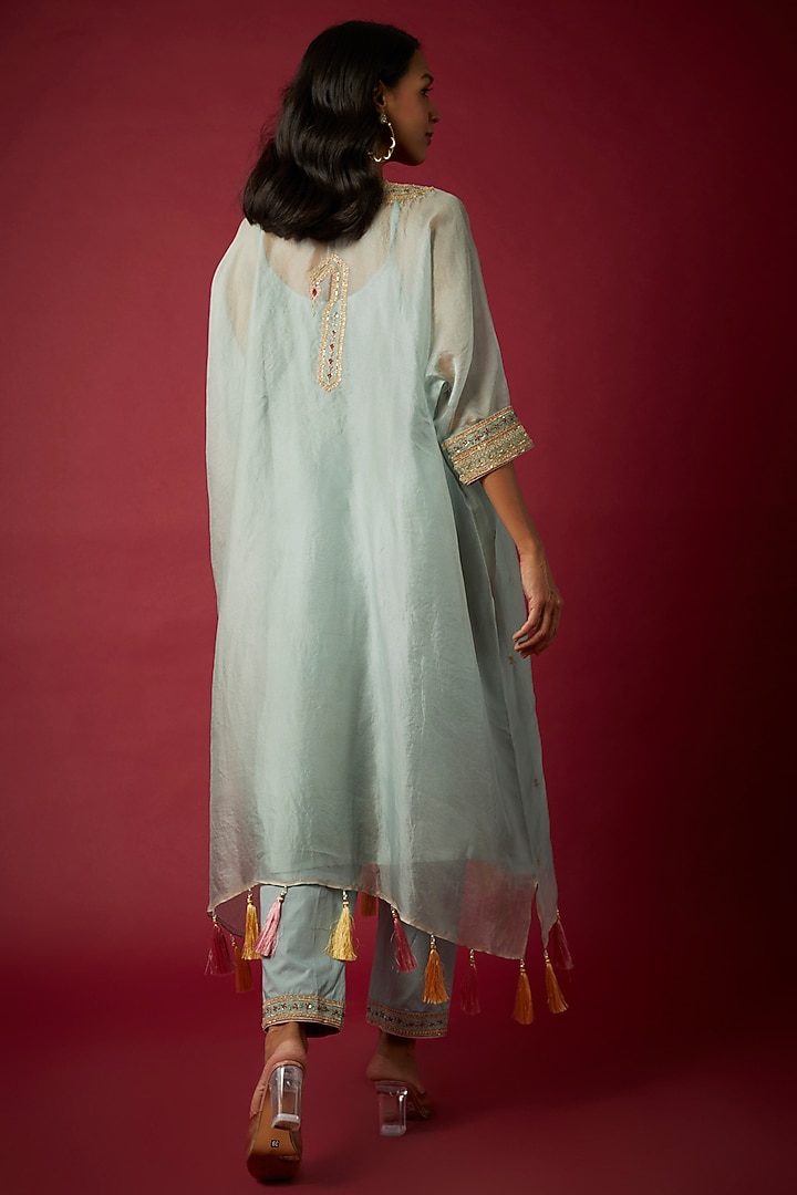 Powder Blue Silk Organza Dori & Resham Embroidered Kaftan Set by Nabo at Pernia's Pop Up Shop