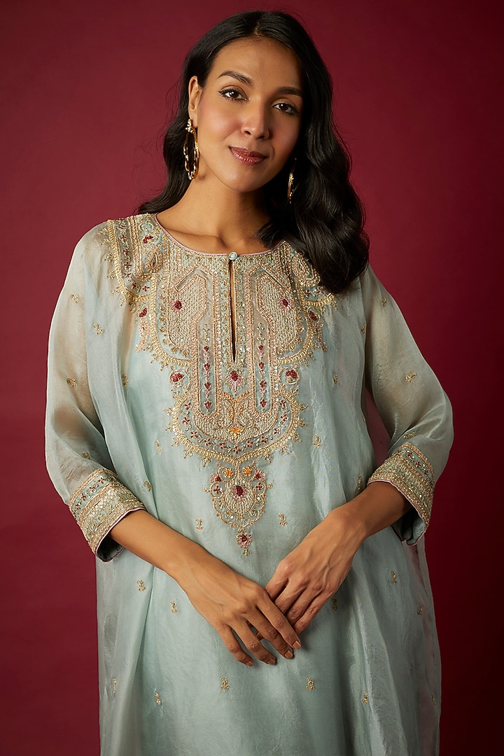 Powder Blue Silk Organza Dori & Resham Embroidered Kaftan Set by Nabo at Pernia's Pop Up Shop