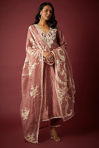 Rose Pink Silk Dupion Dori Embroidered Kurta Set by Nabo