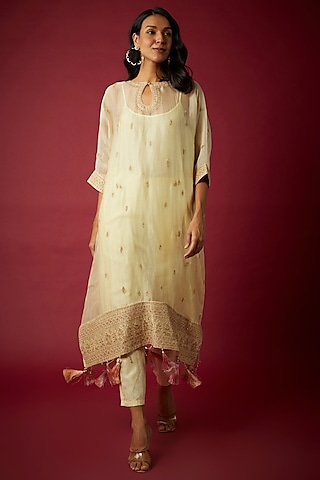 Pastel Yellow Silk Organza Dori & Resham Embroidered Kaftan Set by Nabo