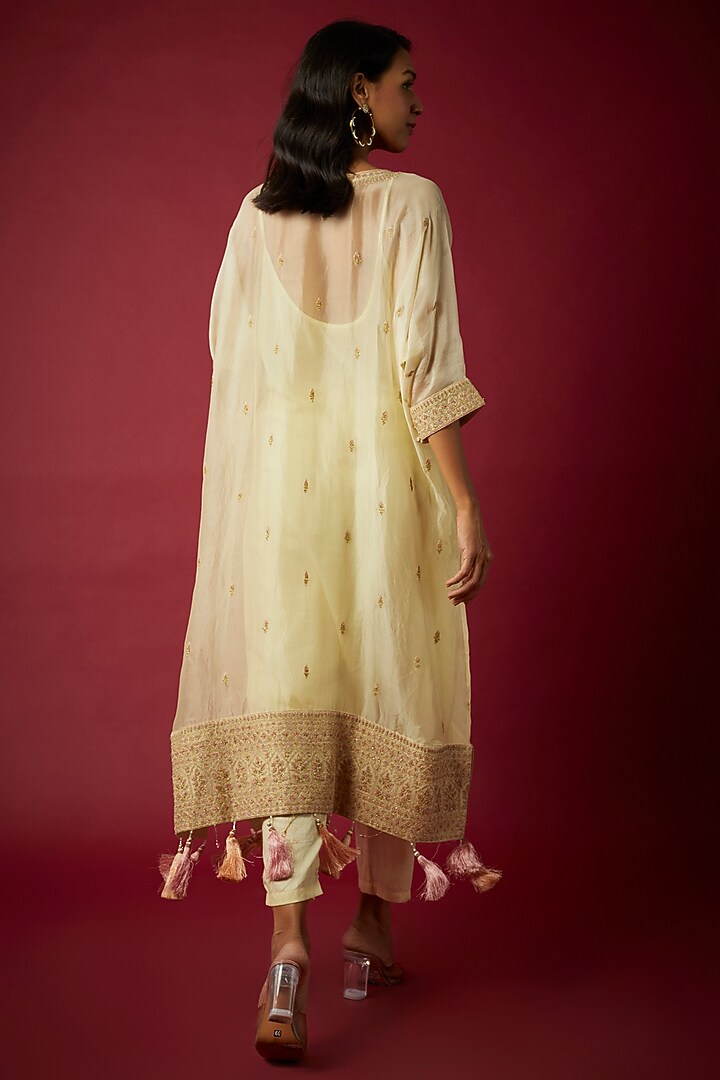 Pastel Yellow Silk Organza Dori & Resham Embroidered Kaftan Set by Nabo at Pernia's Pop Up Shop
