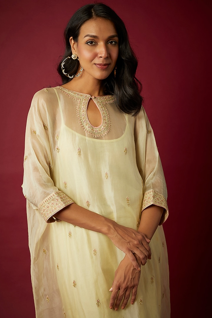 Pastel Yellow Silk Organza Dori & Resham Embroidered Kaftan Set by Nabo at Pernia's Pop Up Shop