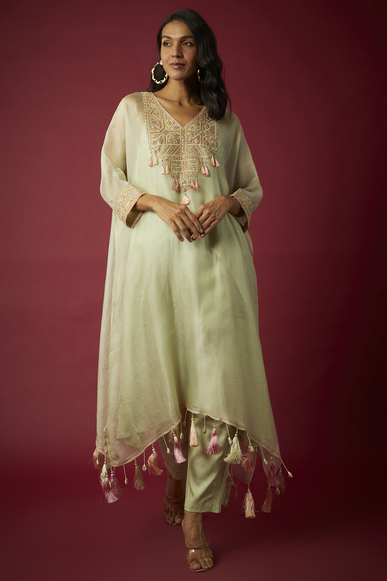 Light Olive Silk Organza Dori & Resham Embroidered Kaftan Set by Nabo