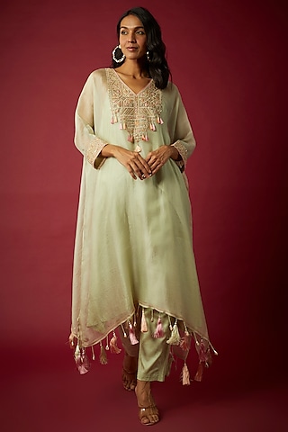 Light Olive Silk Organza Dori & Resham Embroidered Kaftan Set by Nabo