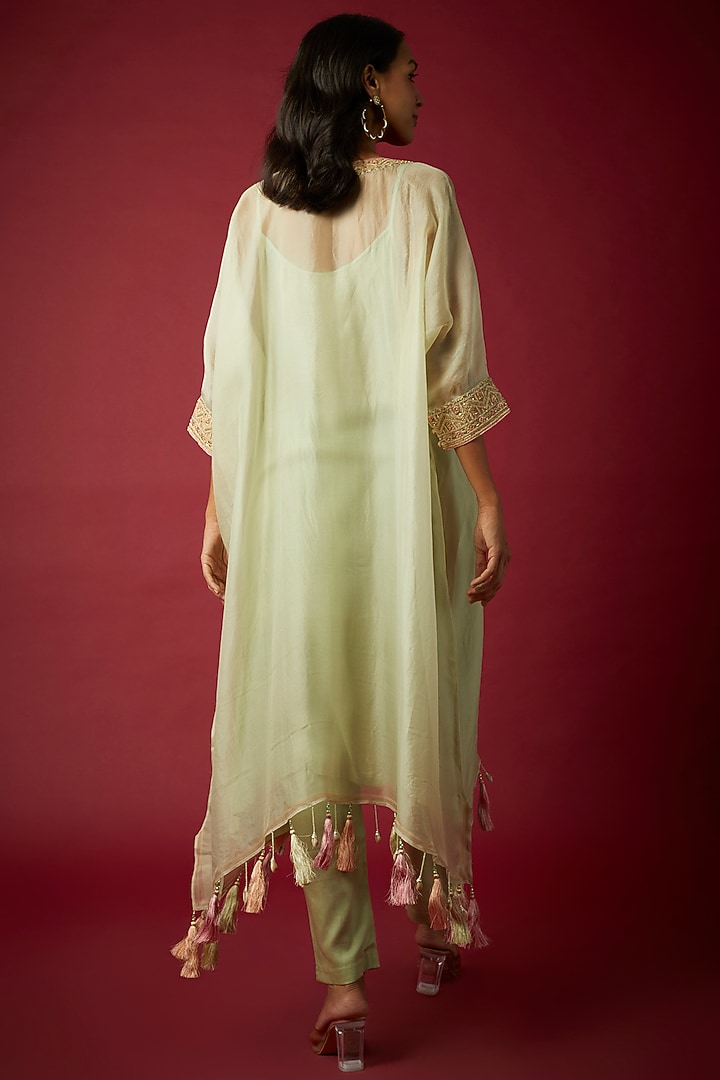 Light Olive Silk Organza Dori & Resham Embroidered Kaftan Set by Nabo at Pernia's Pop Up Shop