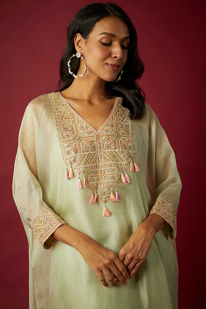 Light Olive Silk Organza Dori & Resham Embroidered Kaftan Set by Nabo at Pernia's Pop Up Shop