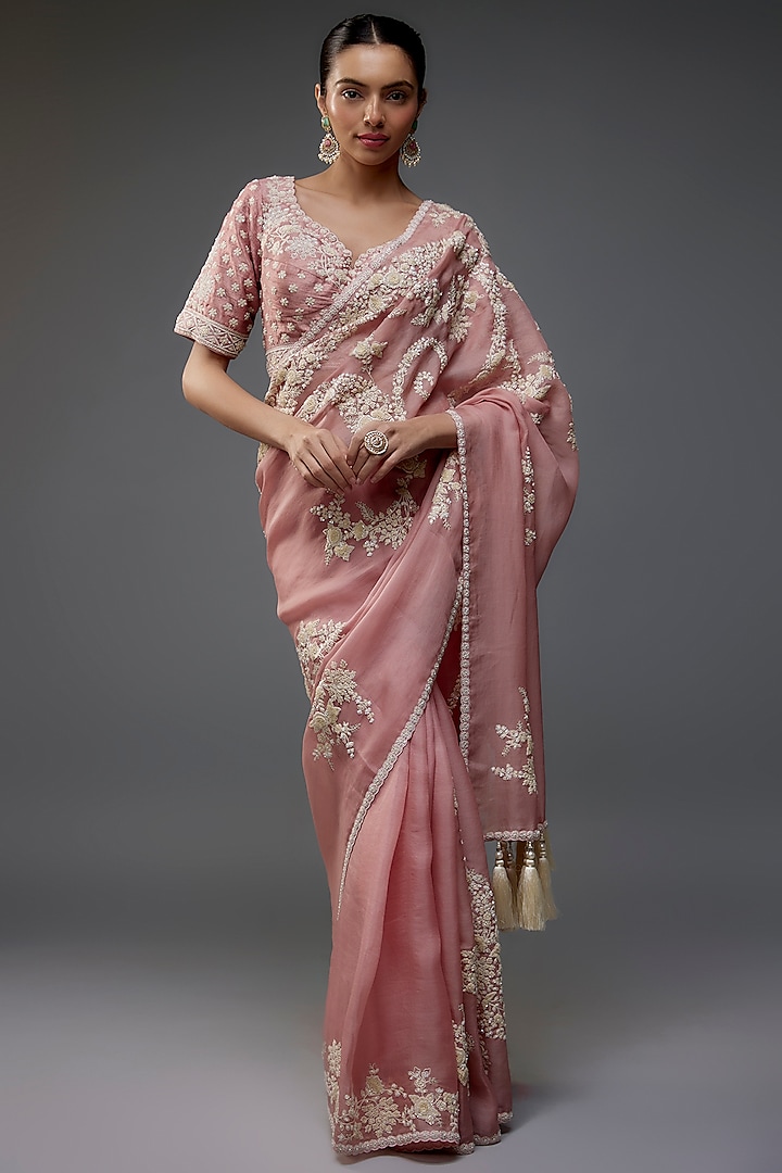 Rose Pink Silk Organza Floral Embroidered Saree Set by Nabo