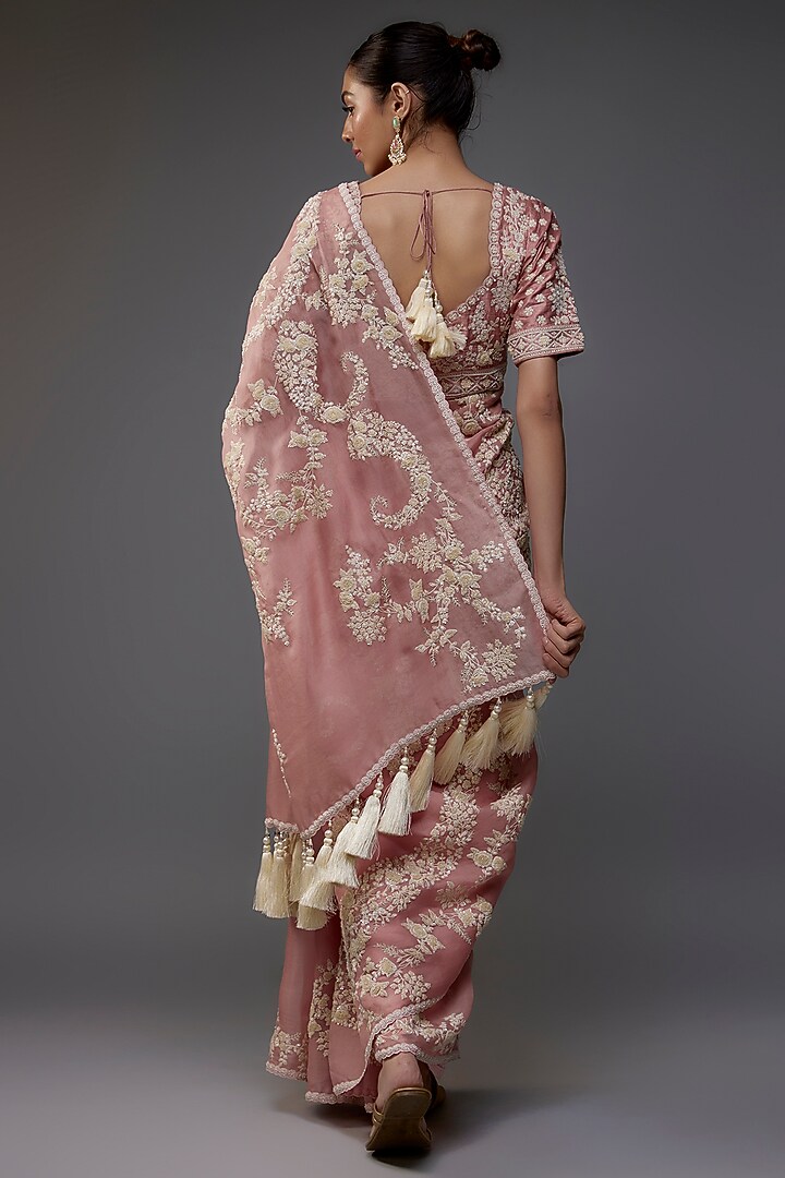 Rose Pink Silk Organza Floral Embroidered Wedding Saree Set by Nabo at Pernia's Pop Up Shop