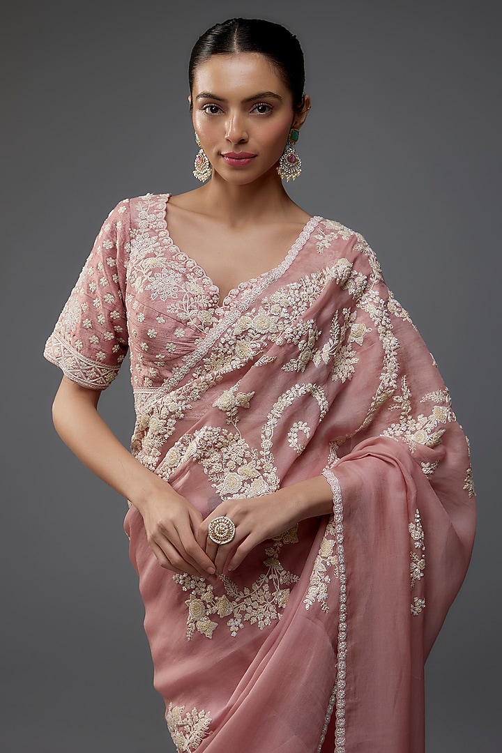 Rose Pink Silk Organza Floral Embroidered Wedding Saree Set by Nabo at Pernia's Pop Up Shop