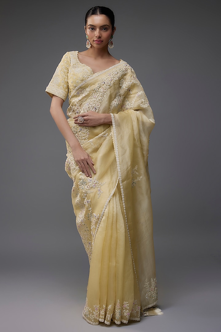 Buttercup Yellow Silk Organza Floral Embroidered Saree Set by Nabo