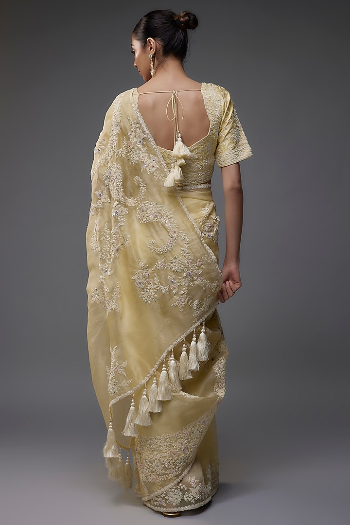 Buttercup Yellow Silk Organza Floral Embroidered Wedding Saree Set by Nabo at Pernia's Pop Up Shop