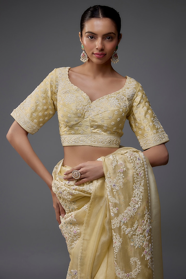 Buttercup Yellow Silk Organza Floral Embroidered Wedding Saree Set by Nabo at Pernia's Pop Up Shop