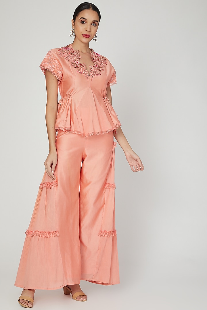 Coral Embroidered Pant Set by Naffs
