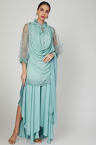 Ether Blue Embroidered Kurta Set by Naffs