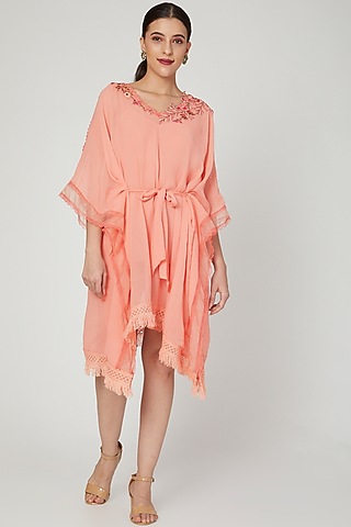 Coral Embroidered Kaftan With Slip & Belt by Naffs