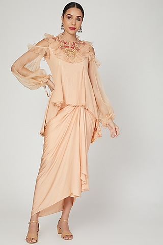 Apricot Embroidered Skirt Set by Naffs