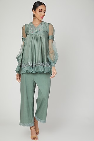 Eucalyptus Green Embroidered Kurta Set by Naffs