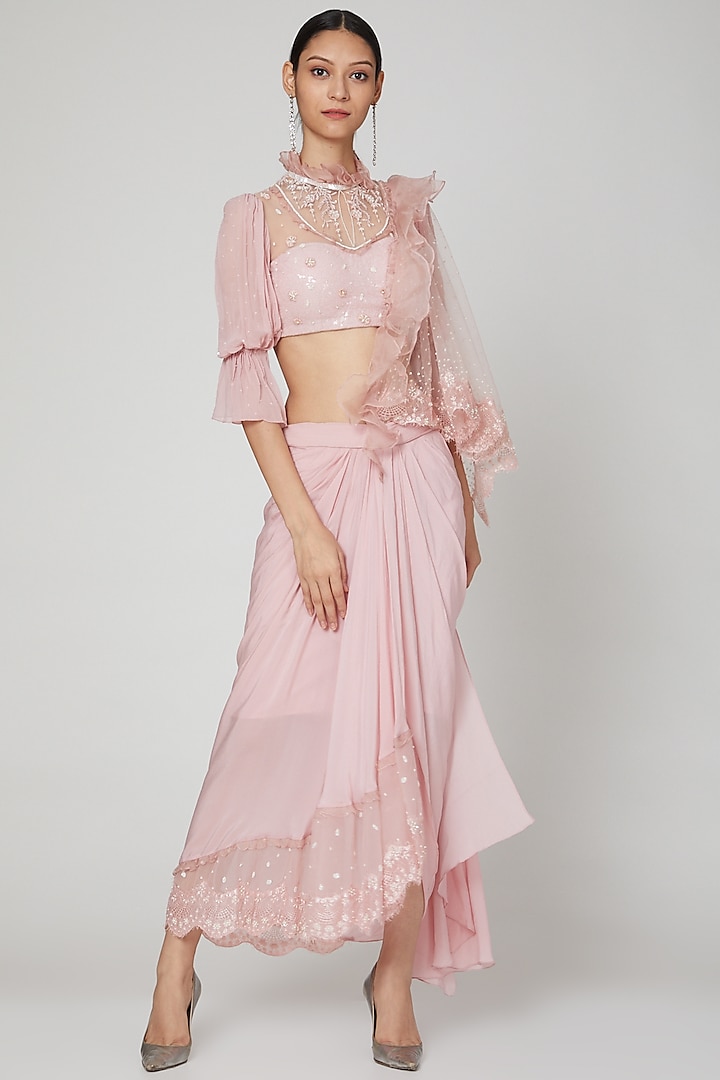 Blush Pink Embroidered Draped Saree Set by Naffs