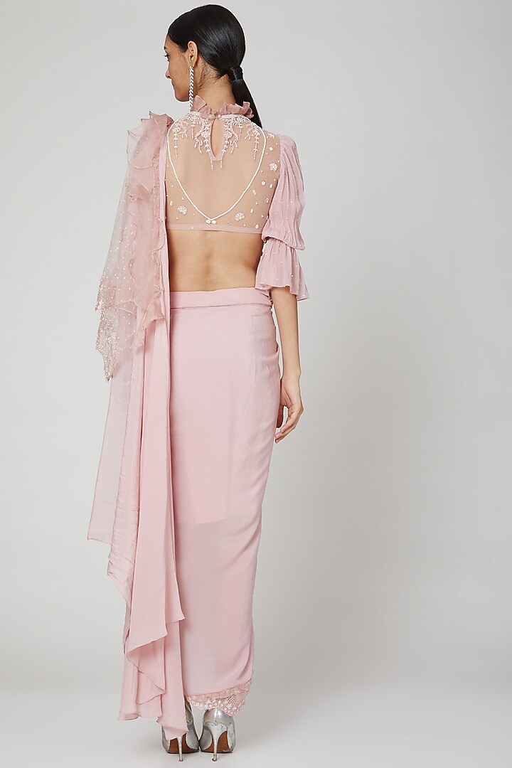 Blush Pink Embroidered Draped Wedding Saree Set by Naffs at Pernia's Pop Up Shop