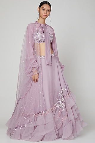 Mauve Embroidered Lehenga Set by Naffs