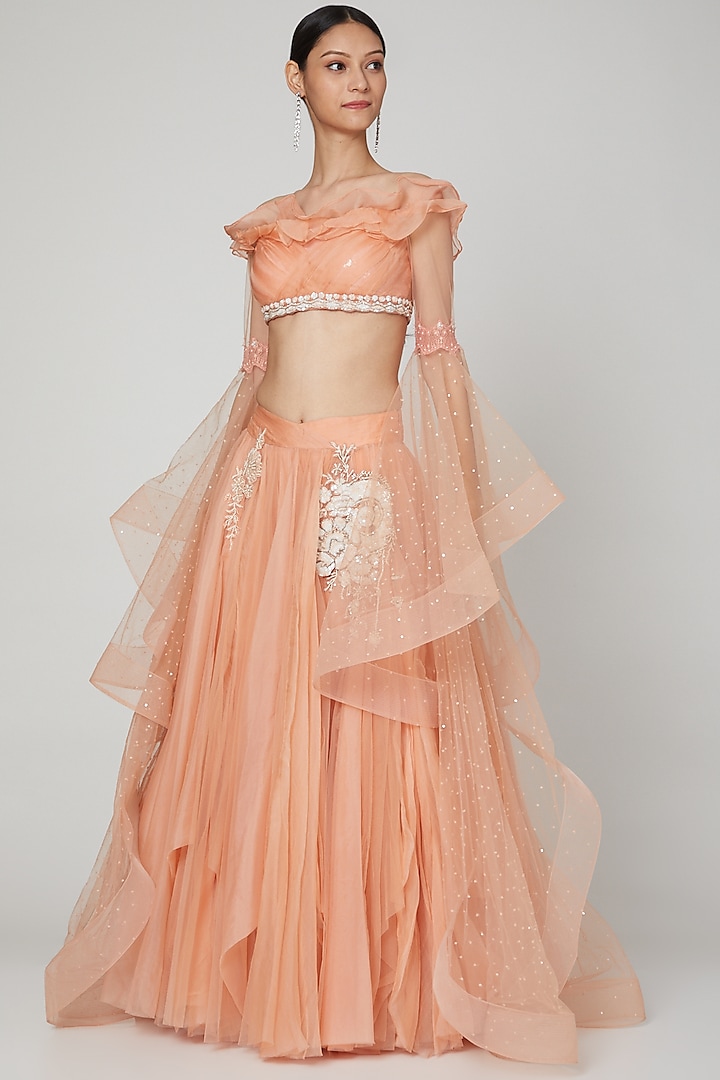 Peach Embroidered Lehenga With Blouse by Naffs