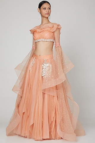 Peach Embroidered Lehenga With Blouse by Naffs