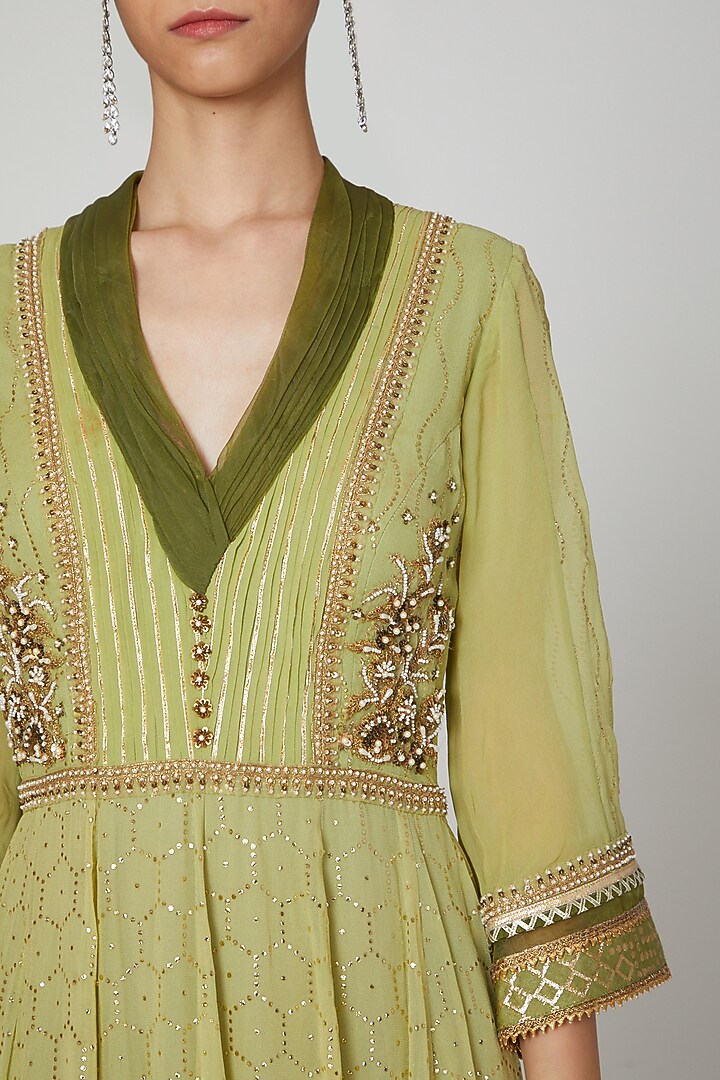 Mehendi Green Embroidered Wedding Anarkali With Dupatta by Naffs at Pernia's Pop Up Shop