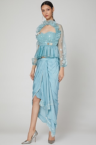 Sky Blue Embroidered Skirt Set by Naffs