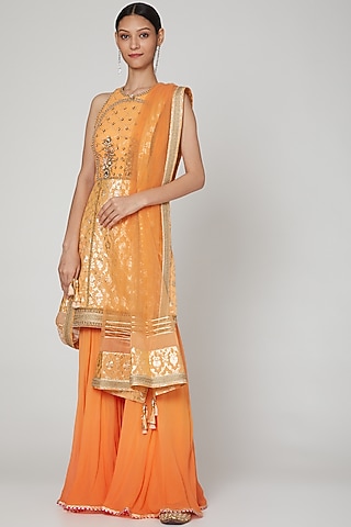 Peach Embroidered Gharara Set by Naffs