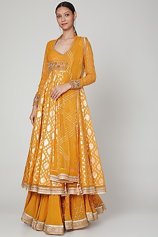 Peachy Orange Embroidered Gharara Set by Naffs