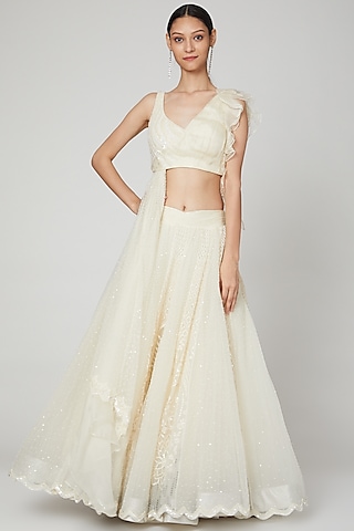 White Pearls Embroidered Lehenga With Blouse by Naffs