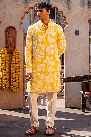Yellow Chanderi Floral Applique Kurta Set by NAFS