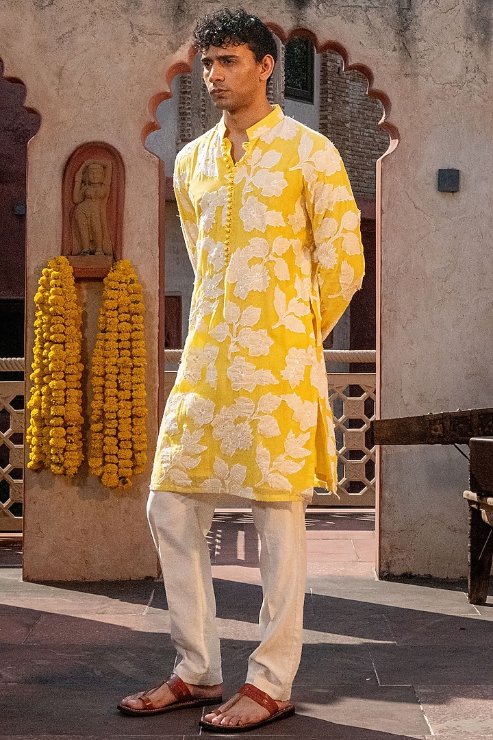 Yellow Chanderi Floral Applique Kurta Set by NAFS at Pernia's Pop Up Shop