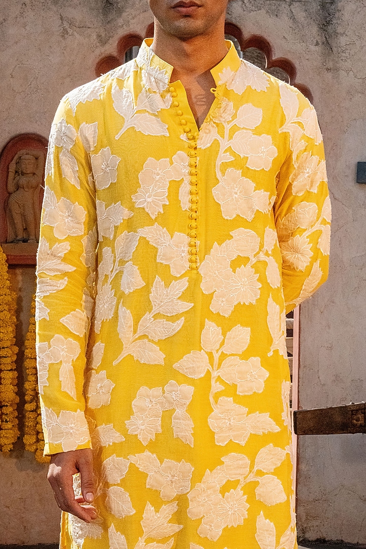 Yellow Chanderi Floral Applique Kurta Set by NAFS at Pernia's Pop Up Shop