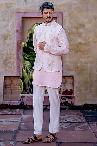 Pastel Pink Chanderi & Satin Linen Floral Bundi Jacket Set by NAFS