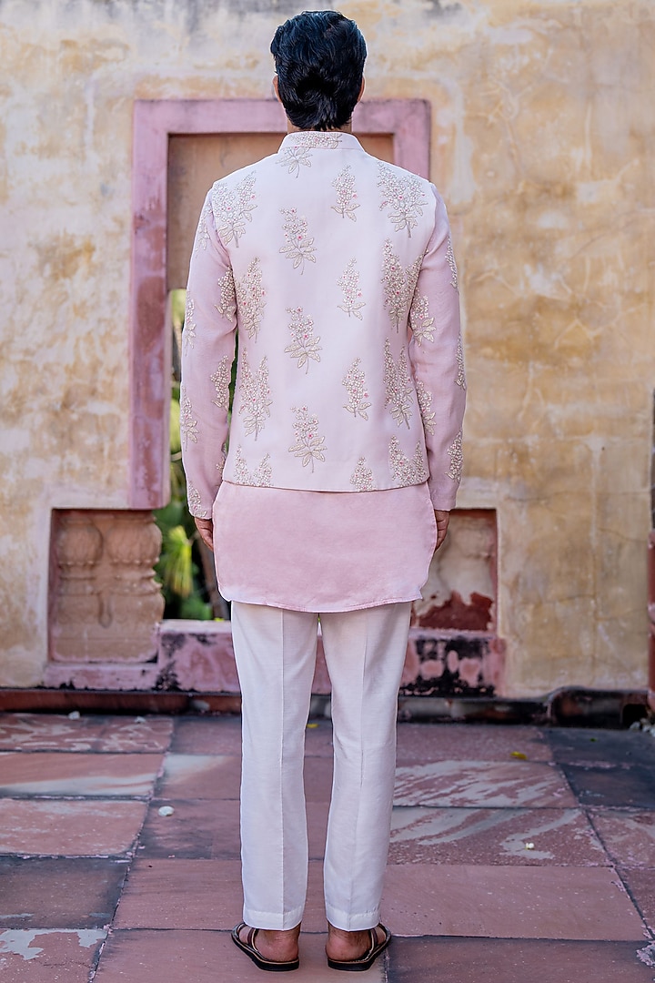 Pastel Pink Chanderi & Satin Linen Floral Bundi Jacket Set by NAFS at Pernia's Pop Up Shop