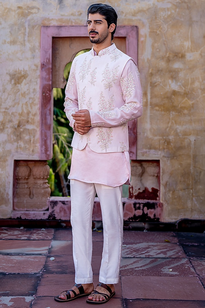 Pastel Pink Chanderi & Satin Linen Floral Bundi Jacket Set by NAFS at Pernia's Pop Up Shop