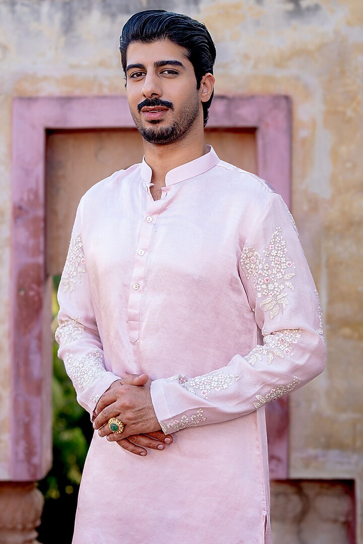 Pastel Pink Chanderi & Satin Linen Floral Bundi Jacket Set by NAFS at Pernia's Pop Up Shop