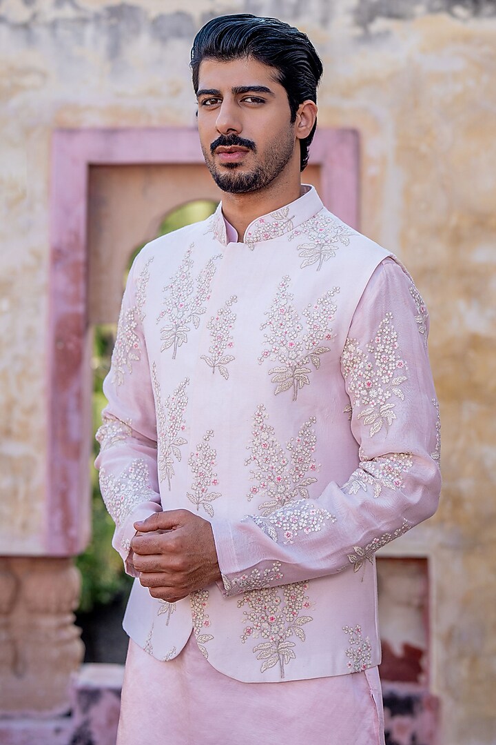 Pastel Pink Chanderi & Satin Linen Floral Bundi Jacket Set by NAFS at Pernia's Pop Up Shop