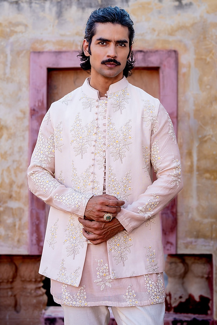 Dusty Pink Chanderi Floral Bundi Jacket Set by NAFS at Pernia's Pop Up Shop