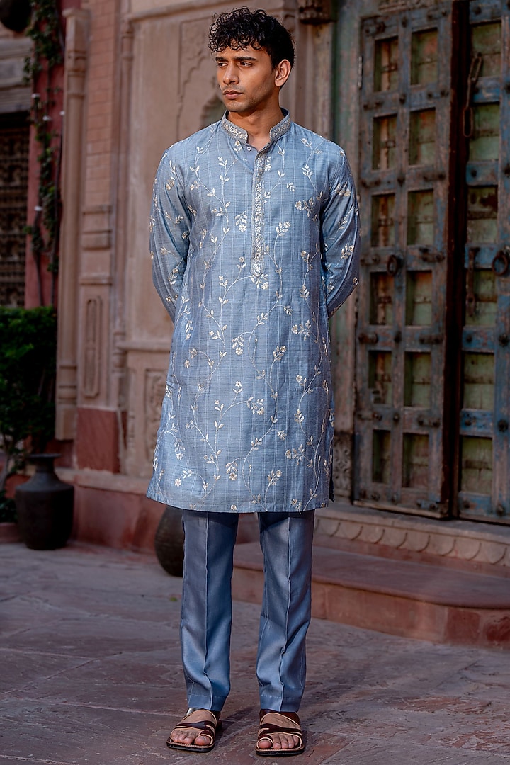 Steel Blue Chanderi Zari Embroidered Kurta Set by NAFS at Pernia's Pop Up Shop