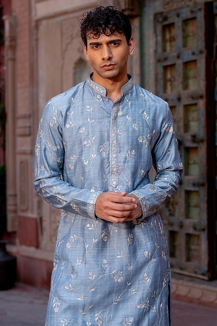 Steel Blue Chanderi Zari Embroidered Kurta Set by NAFS at Pernia's Pop Up Shop