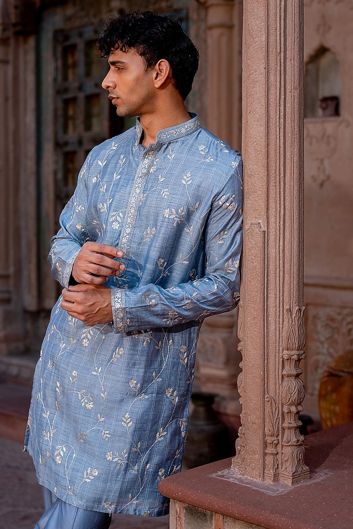 Steel Blue Chanderi Zari Embroidered Kurta Set by NAFS at Pernia's Pop Up Shop
