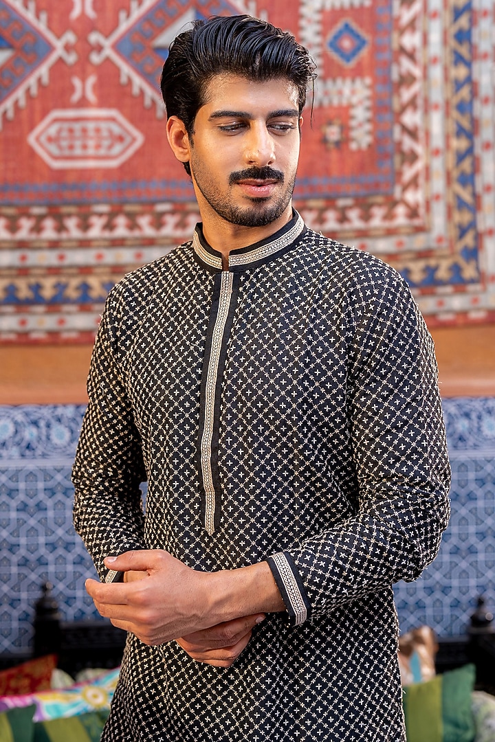 Black Tussar Silk Zari Work Kurta Set by NAFS at Pernia's Pop Up Shop