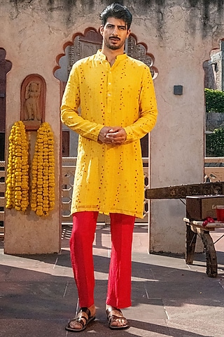 Yellow Chanderi & Tussar Silk Floral Work Kurta Set by NAFS