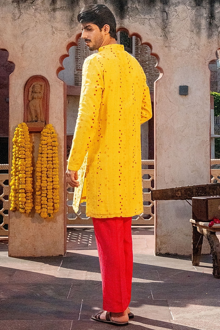Yellow Chanderi & Tussar Silk Floral Work Kurta Set by NAFS at Pernia's Pop Up Shop